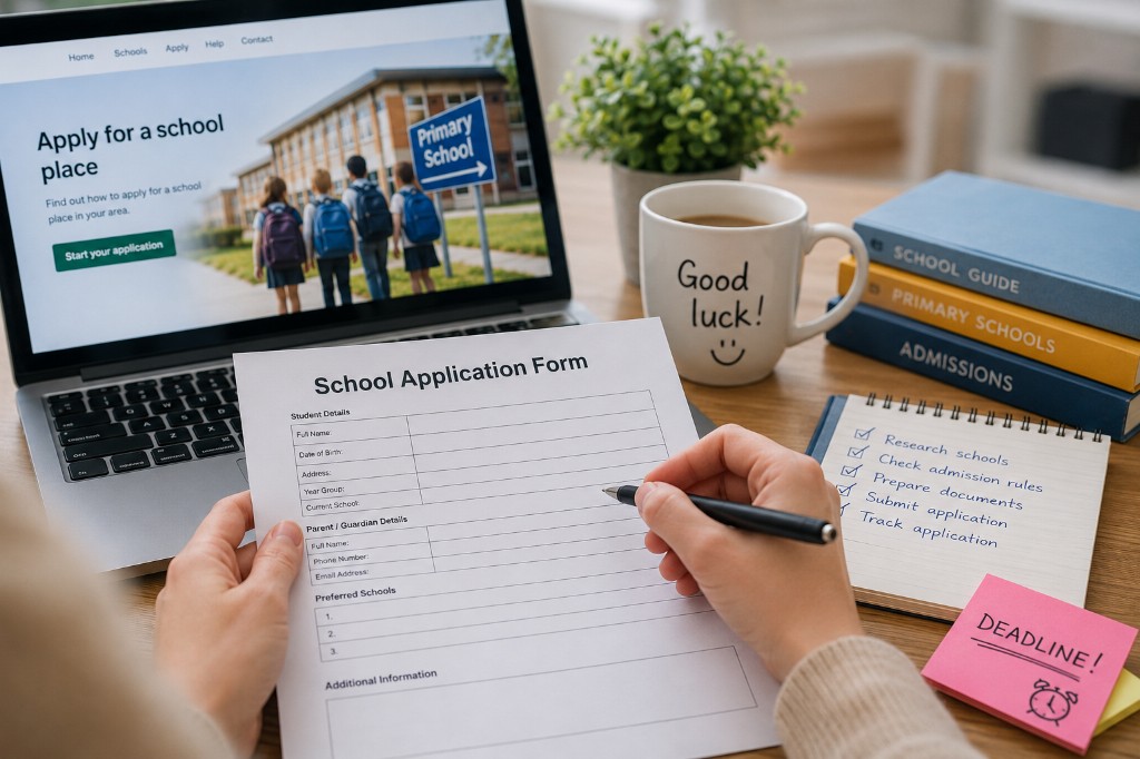 Hands filling in a school application form on a desk with a laptop, school guides and a deadline reminder