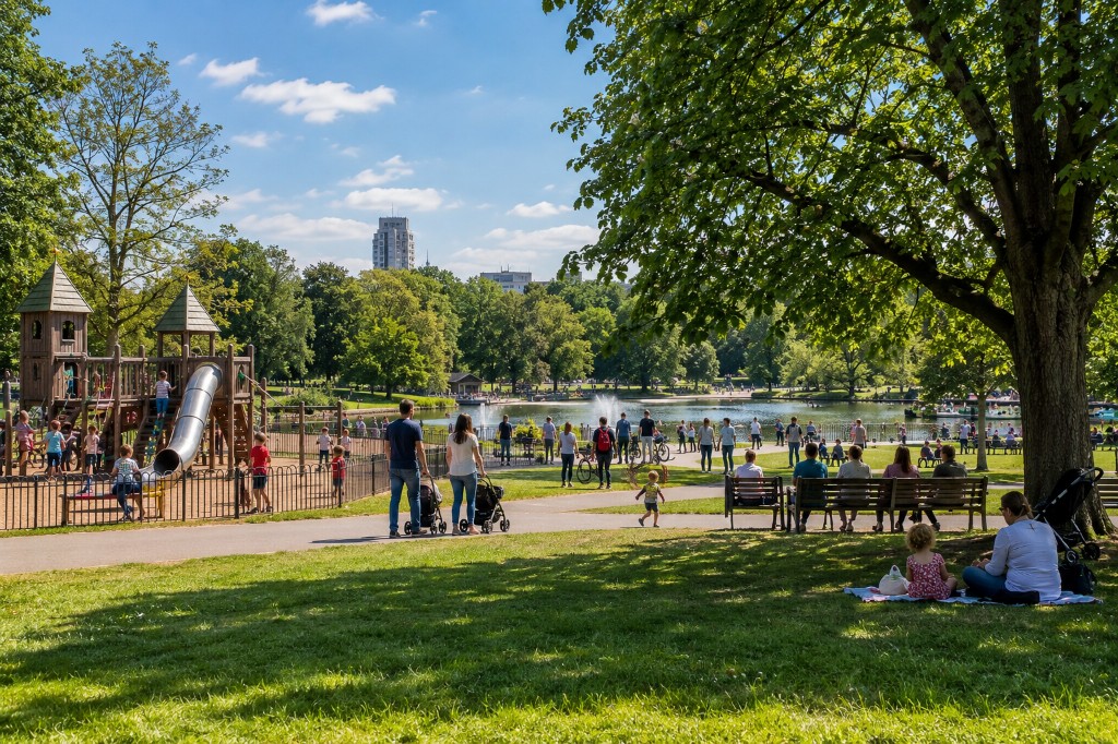 Families enjoying a sunny day at a London park with playground, lake and open green space