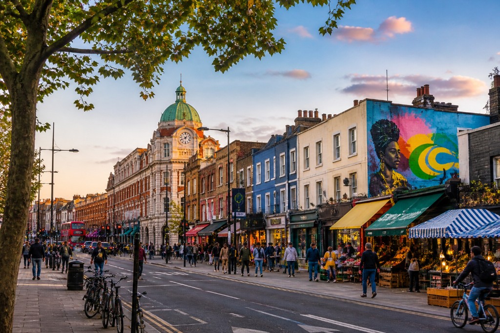 Busy Brixton street with shops, people and Brixton Town Hall dome in the distance