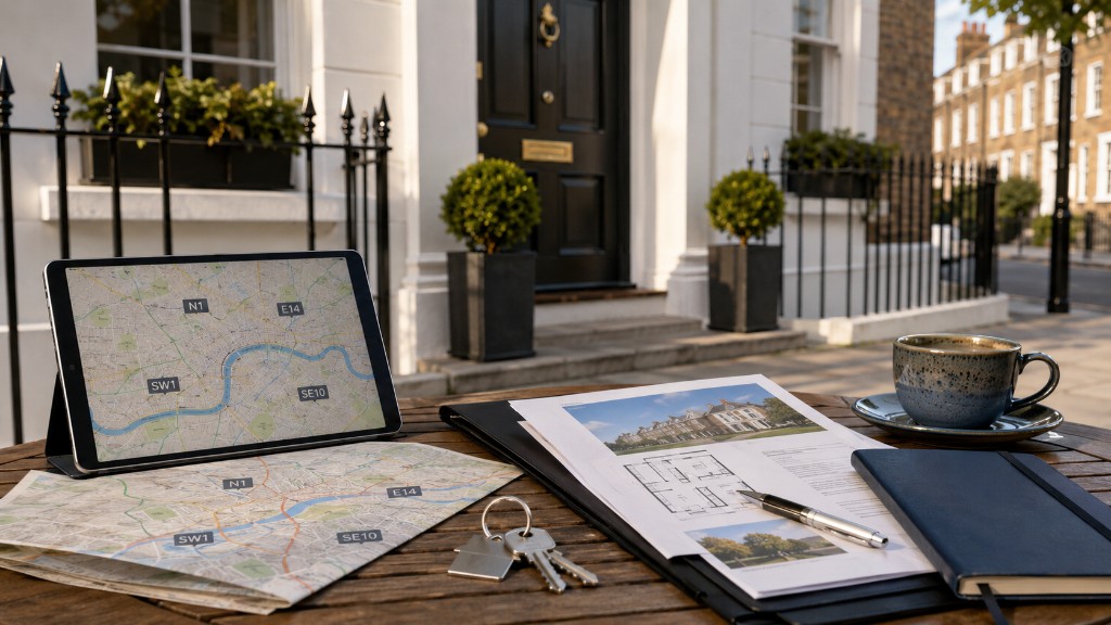 London property buyer reviewing maps, floor plans and keys at an outdoor table