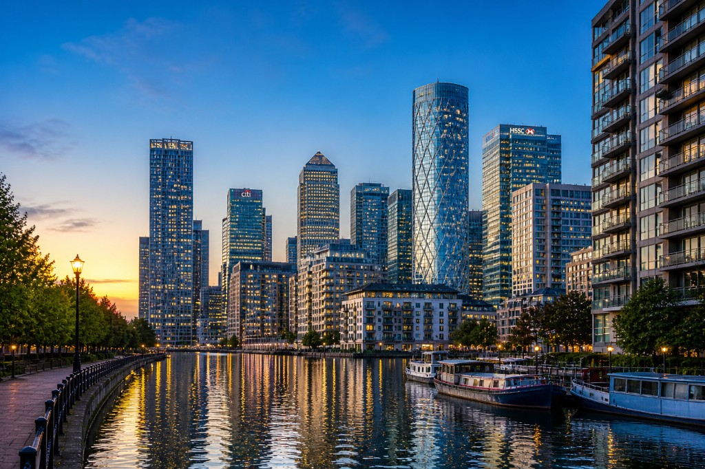 Canary Wharf skyline at dusk with docks, skyscrapers and waterside walkways