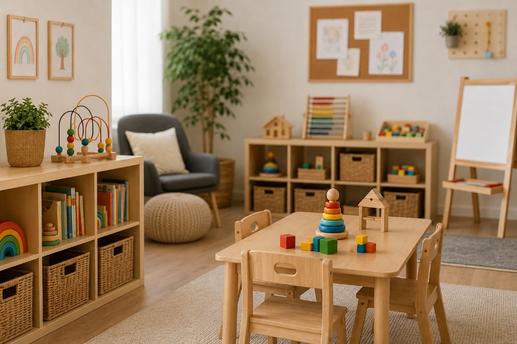 Bright, organised early years nursery room with wooden furniture, toys and children's artwork