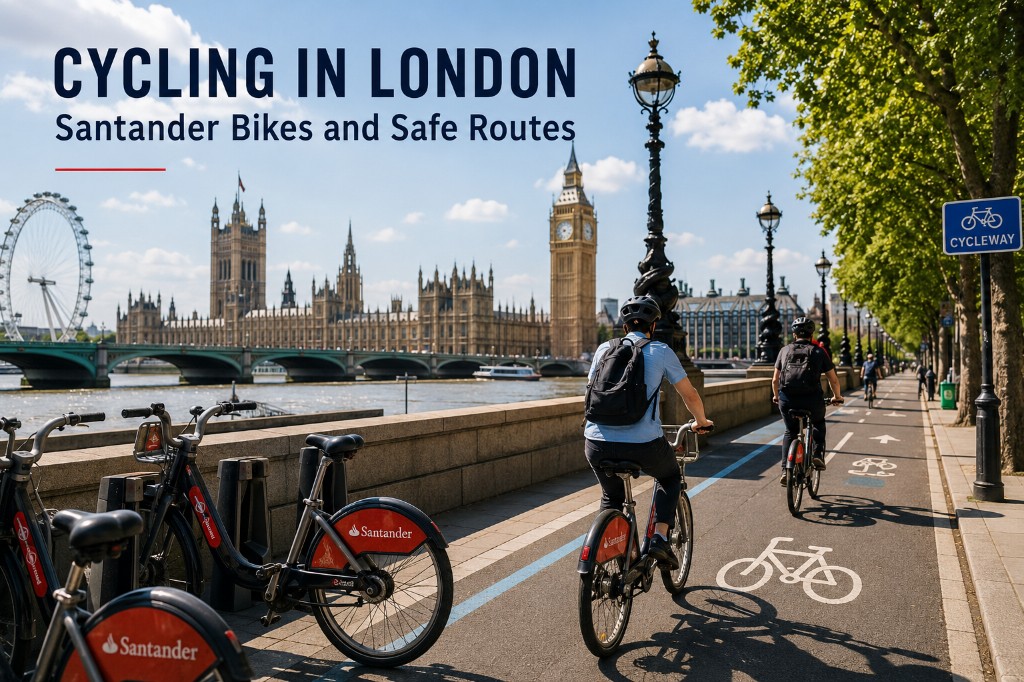 Santander Cycles on a protected Cycleway beside the River Thames with Westminster and Big Ben in the background