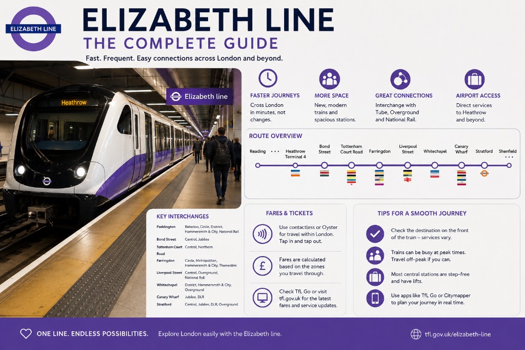 Elizabeth line train at a platform with purple branding and Heathrow destination display