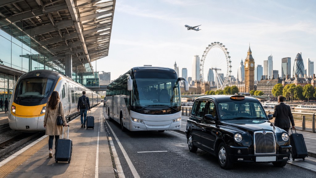 Traveller with luggage facing London skyline and Gatwick transport options: train, coach, taxi and minibus