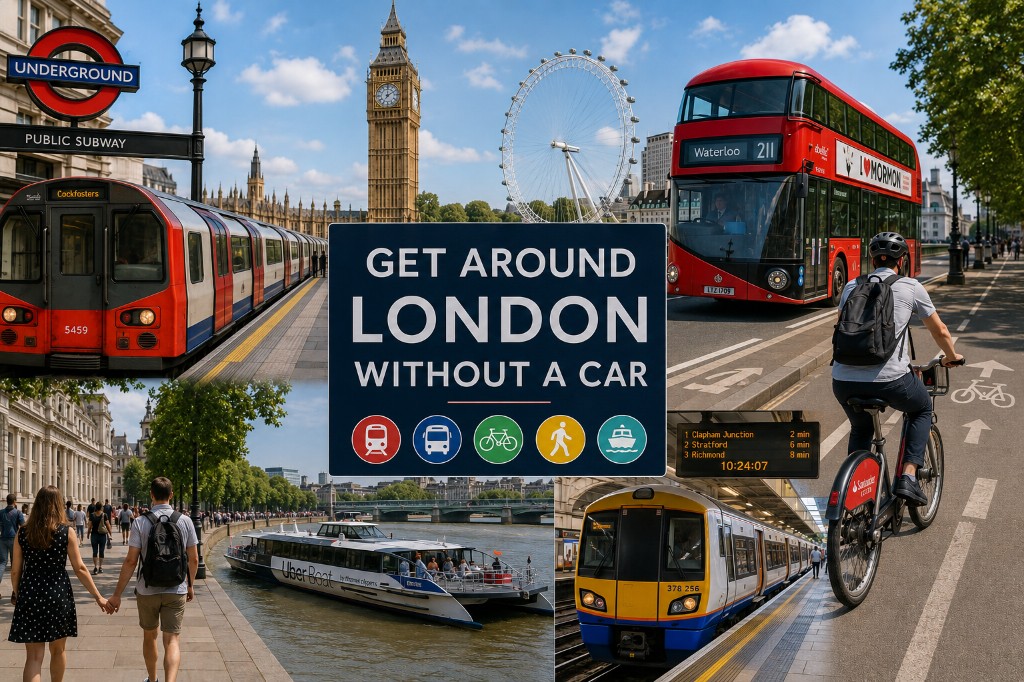 Collage of London transport — Tube, bus, Overground, cycling, walking and river travel without a car