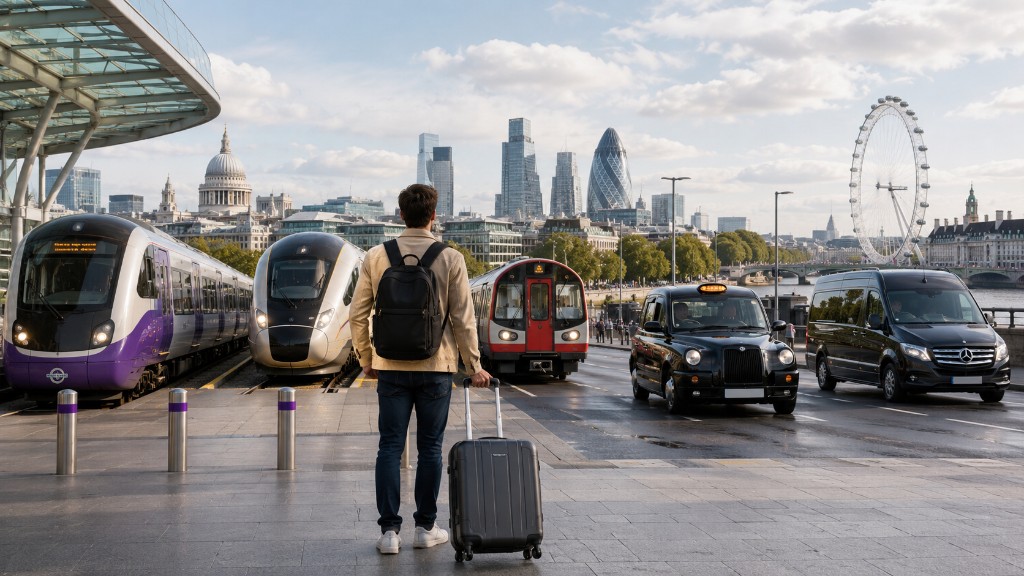Traveller with luggage facing London skyline and Heathrow transport options: Elizabeth line, Heathrow Express, Tube, taxi and minibus