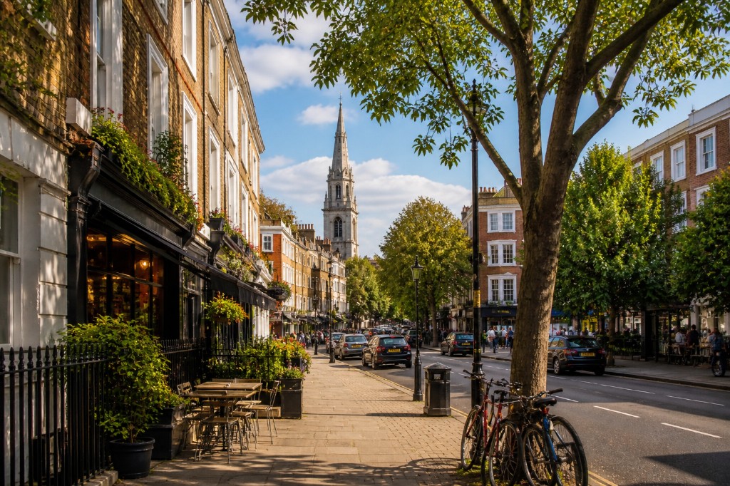 Upper Street, Islington: period terraces, outdoor cafés, trees and the spire of St Mary's Church