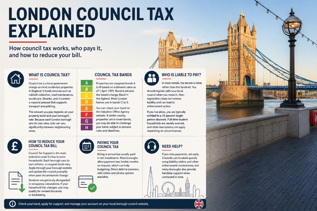London Council Tax Explained visual guide with Tower Bridge backdrop