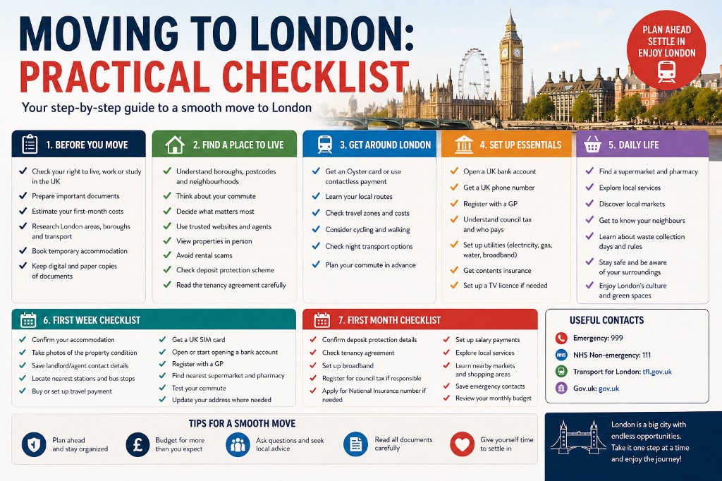Moving to London practical checklist infographic