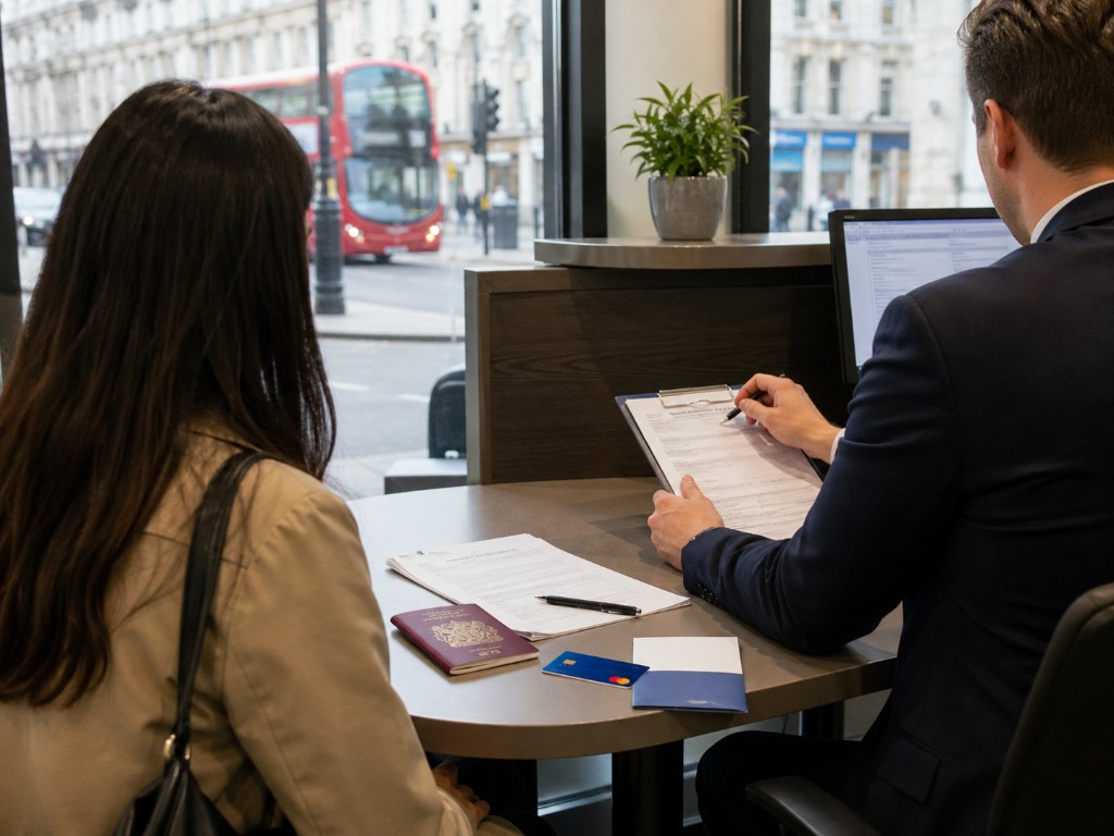 Opening a UK bank account in London at a bank desk