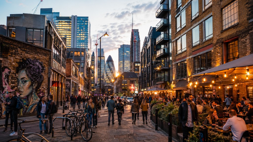 Shoreditch street scene with nightlife and City skyline