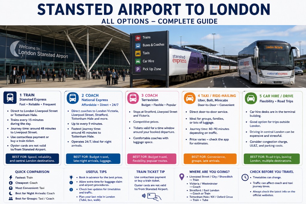Stansted Airport terminal with Stansted Express train and National Express coach to London