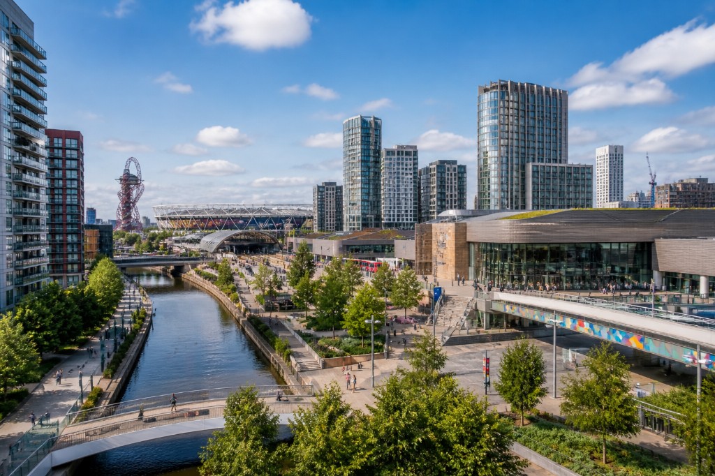Stratford: Olympic Park stadium and Orbit, modern towers, canal paths and busy pedestrian spaces